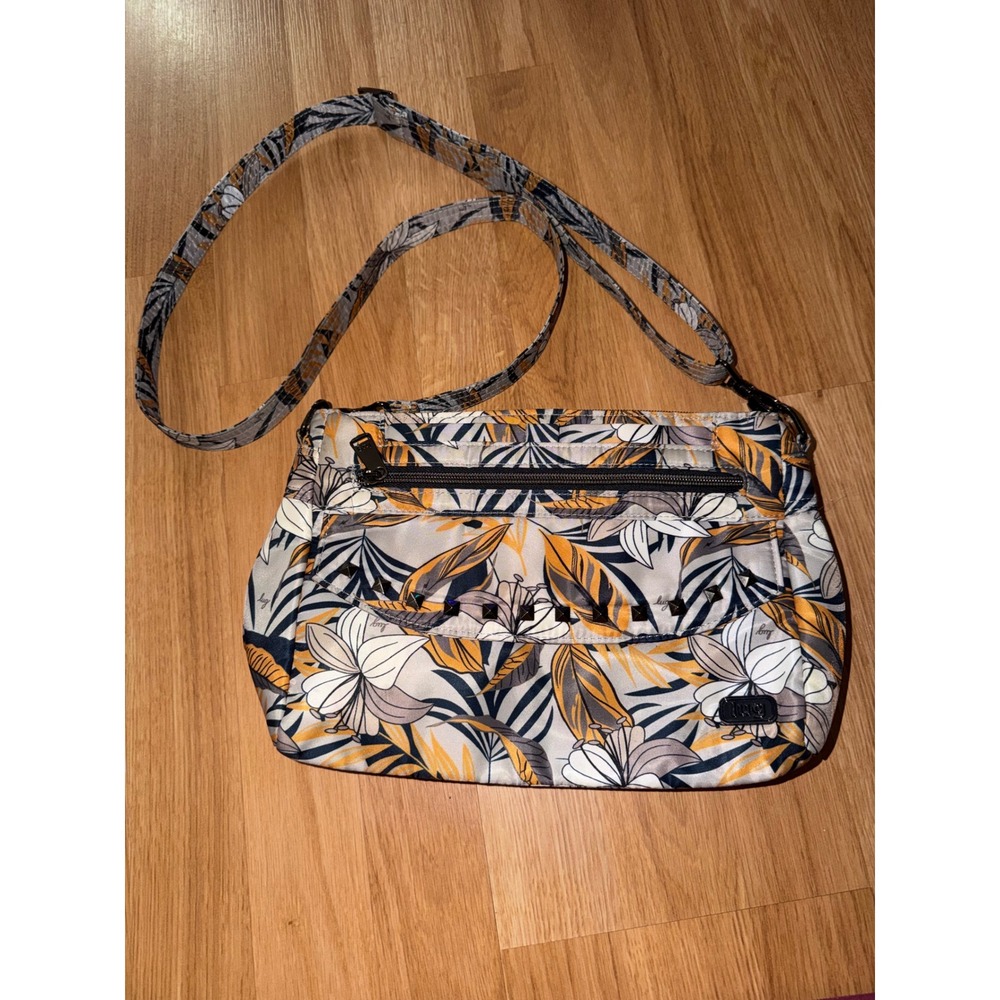 Lug Tropical Floral Crossbody Bag Orange Grey Navy Studded Nylon Organizer